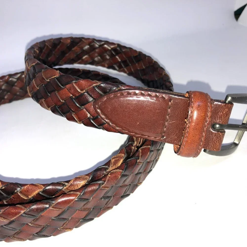 Brown Black 2-tone Leather Belt Weave Pattern Metal Buckle‎ 38/95